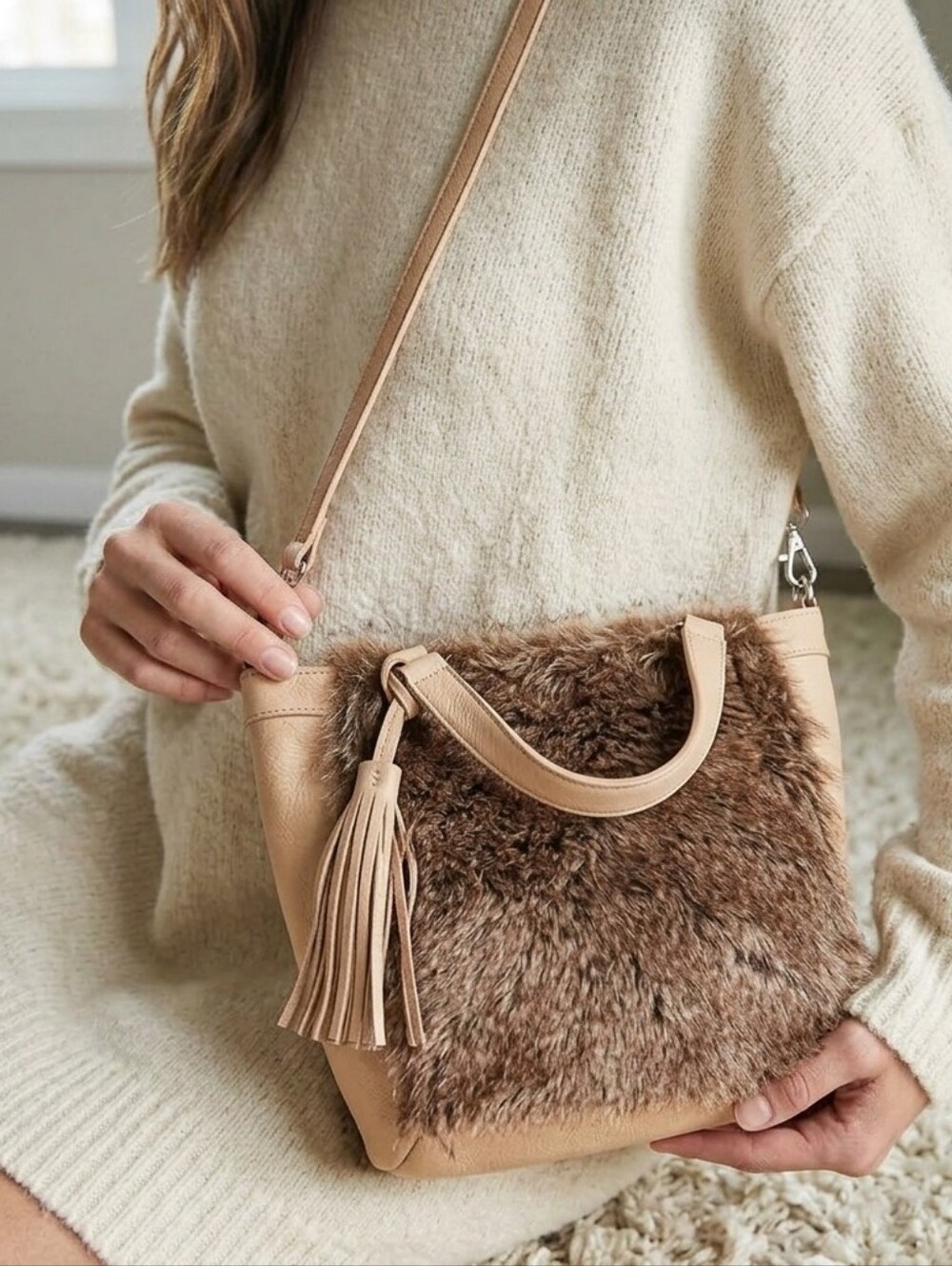 Anthropologie Miss Albright Faux Fur Leather Bucket Bag Crossbody Satchel Tassel